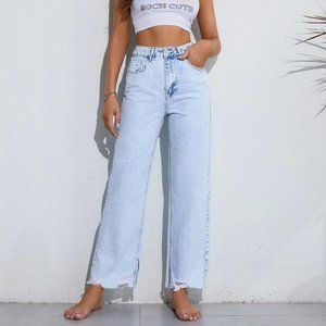 Raw Hem Straight Leg Jeans Light Wash / 8/10 Shein
